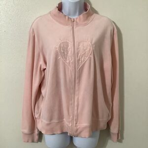 Vintage Y2K Pastel Pink Velour Coquette McBling Beaded Heart Zip Up Jacket XL
